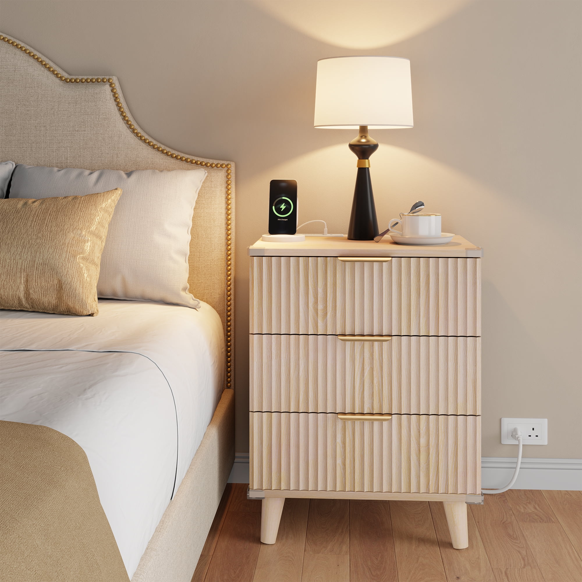 GIKPAL Night Stands for Bedroom, Modern Bedside Table with 3 Drawers & Charging Station,Fluted Panel End Tables for Bedroom & Living Room, Natural