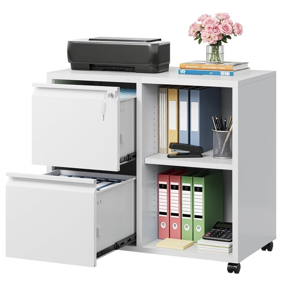 GALAXHERO 2 Drawer File Cabinet with Lock, Metal Filing Cabinet for Home Office, Rolling Printer Stand with Adjustable Shelf, Fit Letter/A4/Legal Size Files, White