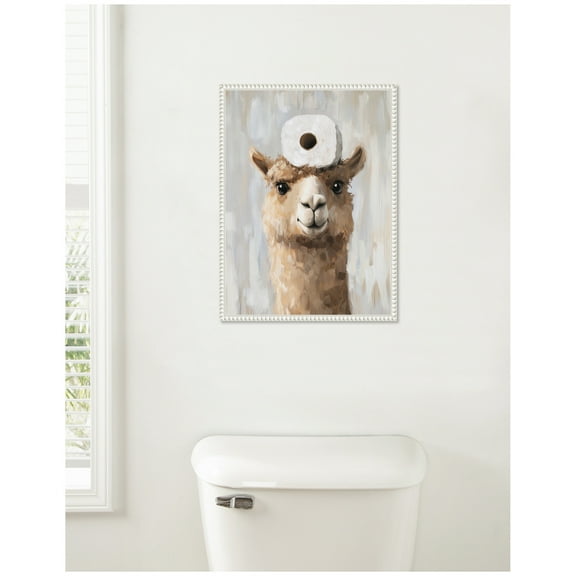 Kate and Laurel Toilet Paper Roll on Cute Alpaca Head Bathroom Art Framed Canvas Wall Art by The Creative Bunch Studio 18 x 24 Sylvie Beaded White, Whimsical, Animals, Humor, Bathroom Art for Wall