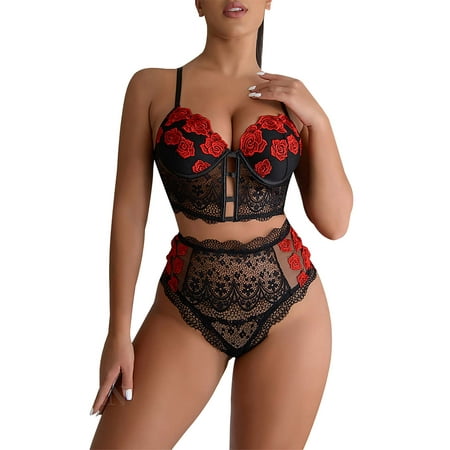 

ORQ Women V-neck Sexy Embroidered Lace Two-piece Lingerie Set