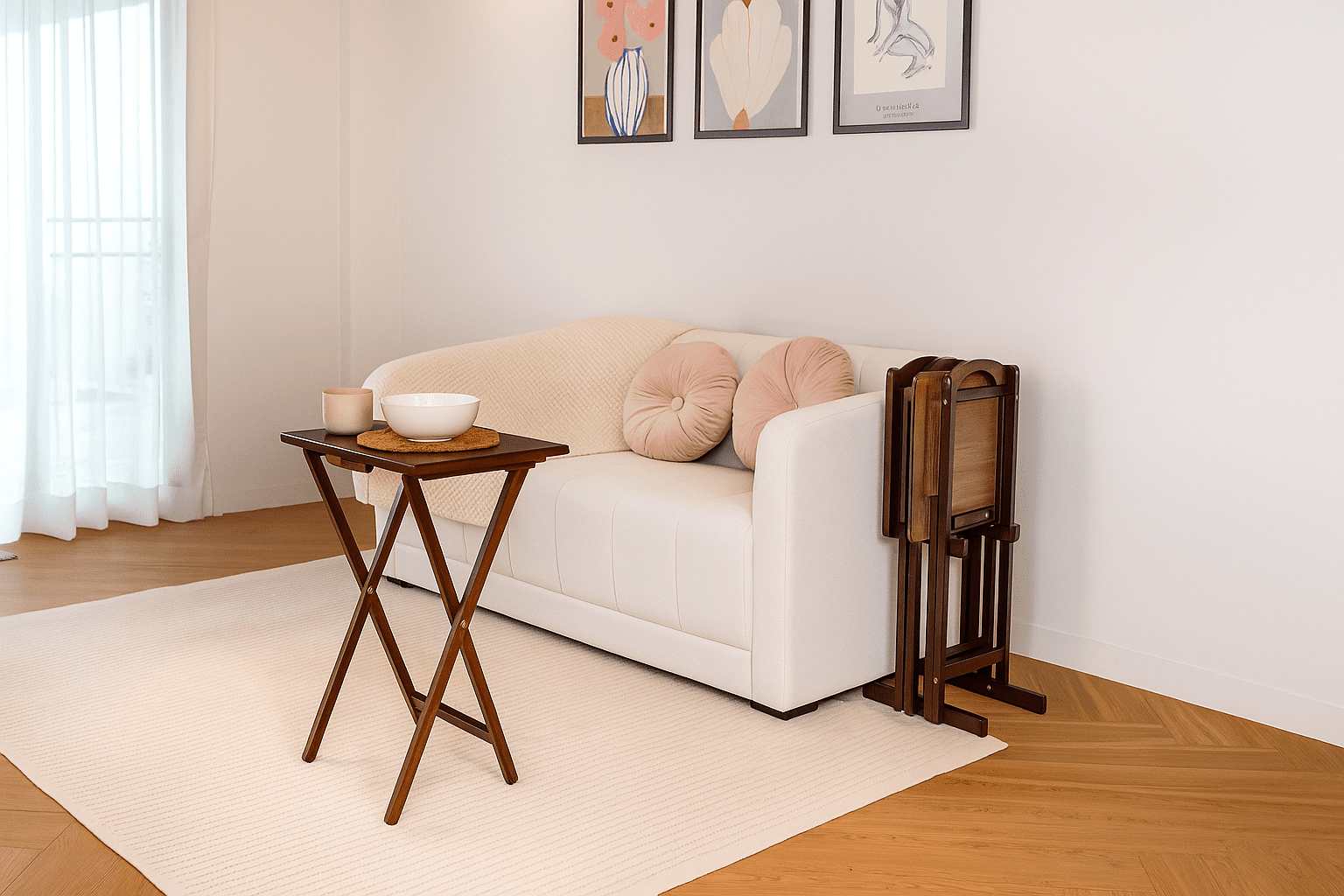 Mainstays 3-Piece Rubberwood Folding TV Tray Table Set of 2 with Storage Rack, Walnut