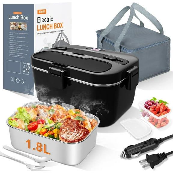 Electric Lunch Box Food Warmer: 100W Heated Lunch Box for Adults, 1.8L Portable Fast Heating Lunchbox Food Heater for Car, Truck, Work, Travel, Lonchera Elctrica Porttil 12/24V/110-230V (Black)