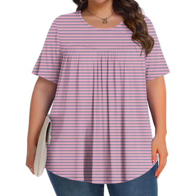 Jusqu'à 50 % de Rabais Horkkom Hauts à Manches Courtes pour Femmes Grande Taille Été Décontracté Tunique Plissée Hauts Imprimé à Rayures Blouses à Col Rond 3TG