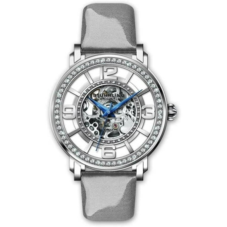 Stuhrling Original Women's Automatic Skeleton Gray Leather Strap Watch