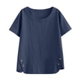 thumbnail image 5 of Linen Blend Womens Short Sleeve T-Shirts Round Neck Solid Tops Side Button Relaxed Fit Blouses Perfect Shirts for Daily and Work Wear, 5 of 8