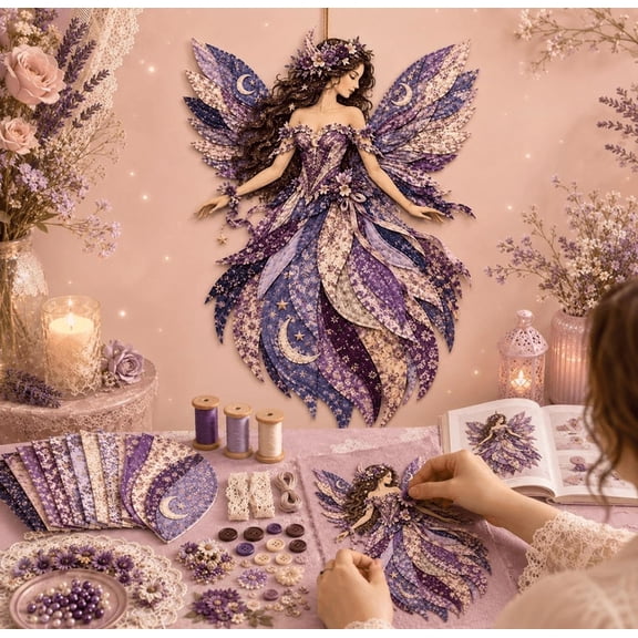 Premium Fairy Patchwork DIY Kit, Pre-Cut Felt Flower Fairies Sewing Kit for Adult Beginners, Layered Fabric Handmade Craft, Home Decor Holiday Gift,Deep Purple