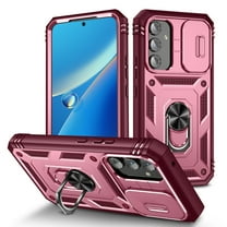 Dteck for Samsung Galaxy A23 5G Case, Built-in Slide Camera Lens Cover, Heavy Duty Shockproof Hybrid Rugged Protective Phone Cover, Built in Finger Ring Stable Holder Kickstand,Pink Red