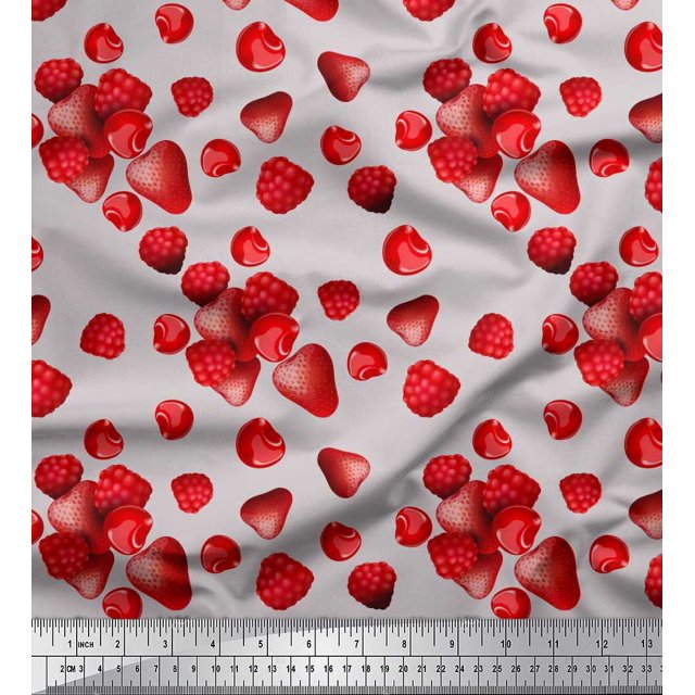 Soimoi Japan Crepe Satin Fabric Raspberry,Strawberry & Cherry Fruits Print Fabric by Yard 42 Inch Wide