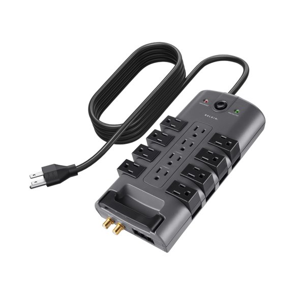 Belkin Surge Protector Power Strip w/ 8 Rotating & 4 Standard Outlets - 8ft Sturdy Extension Cord w/ Flat Pivot Plug for Home, Office, Travel, Deskto