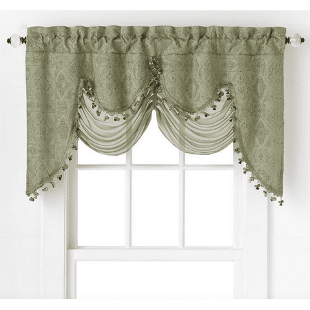 Elegant Swag Valance - Ultra Elegant Clipped Jacquard Georgette Fringed Window Valance With an Attached Sheer Swag by GoodGram - Sage