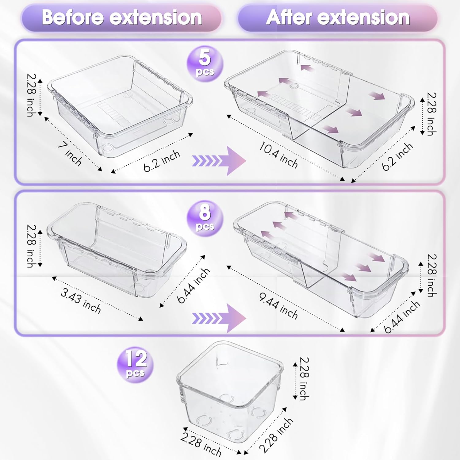 SSAWcasa 25 Pcs Extendable Clear Drawer Organizer, Adjustable Vanity Storage Box, 3-Size Desk Drawer Organizer, Non-Slip Storage Bins for Cosmetics, Jewelries, Stationeries, Tools, Cutleries
