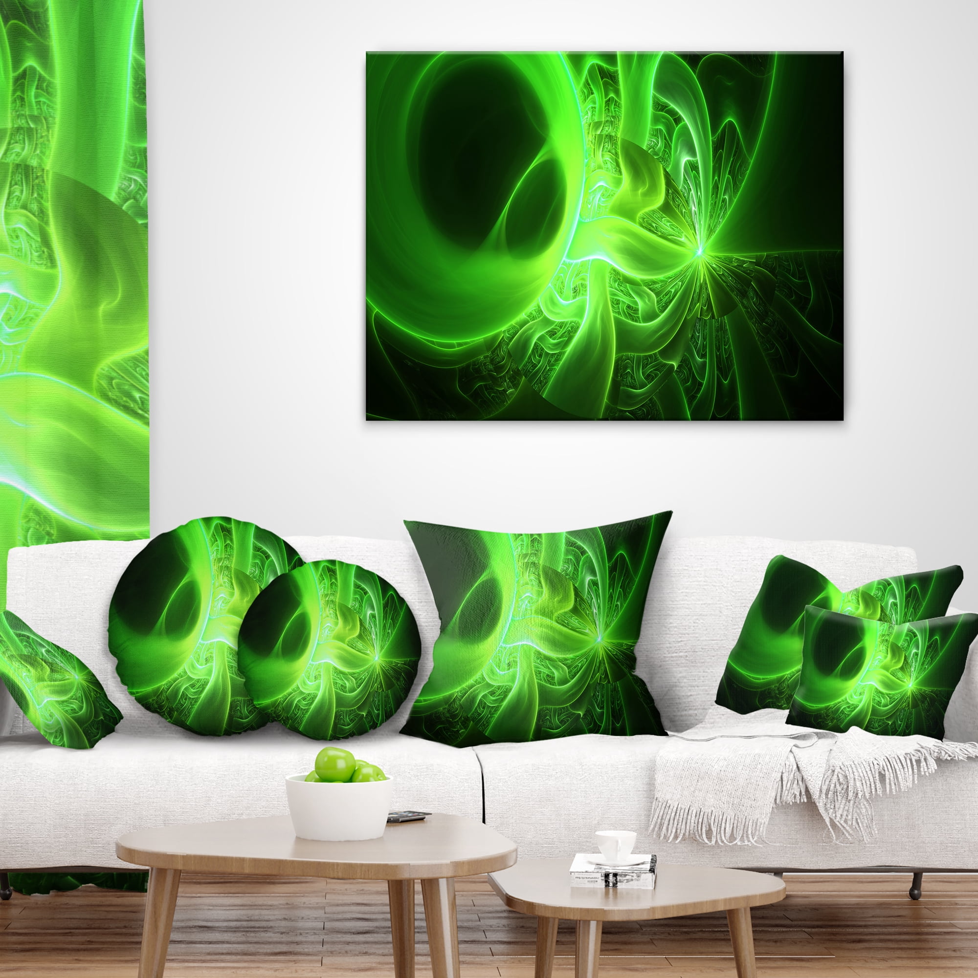 Designart Bright Green Designs on Black - Abstract Throw Pillow - 12x20