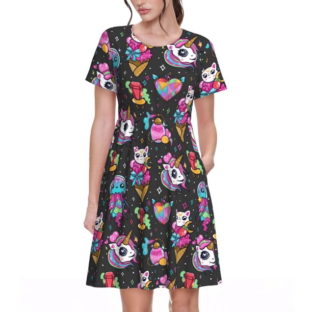 Easygdp Rainbow Unicorn And Cat Icecream para Vestido Transpirable de Mujer, Vestido Suelto de Manga Corta con Pliegues y Bolsillos para el Verano