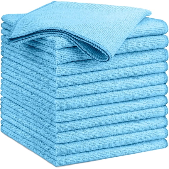 Blue Microfiber Cleaning Cloth, 12 Pack Cleaning Towels for Kitchen, Lint Free, Scratch-Free, Highly Absorbent, and Reusable Cleaning Rags for House, Window and Glass, Cars, 14"X12"