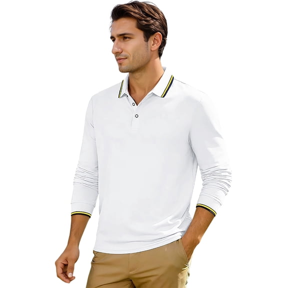IWRICH Men’s Casual Polo Shirts Long Sleeve Button up Collared Pullover Tops Business Classic Workwear White XL