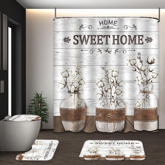 LVRLVR SWEET HOME Rustic Wooden Plank Vase Floral 4Pcs Bathroom Set, Polyester Shower Curtain & High Elastic Sponge Bath Mats with C-shaped Plastic Hooks, 70.8×70.8 Inch