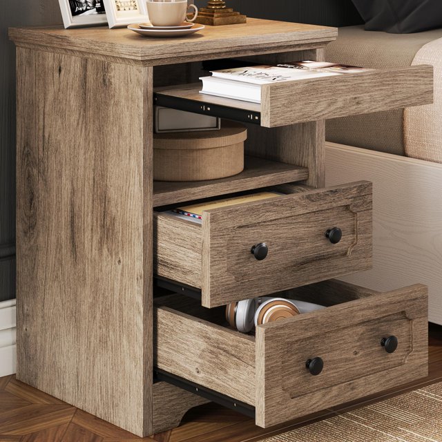 Likimio Mesita De Noche Moderna Con 3 Cajones, Mesa Auxiliar Con Estante Abierto Y Bandeja Extraíble, Mesa Auxiliar De Madera, Roble Gris