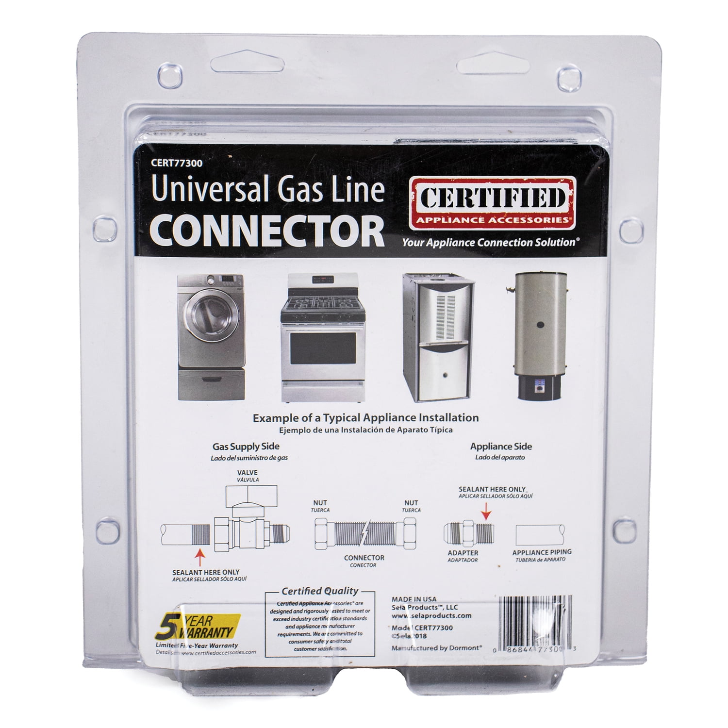 Certified Appliance Accessories 77300 4ft,Stainless Steel 5/8" MIP x 5/8" MAP Gas Line Connector,1Pc