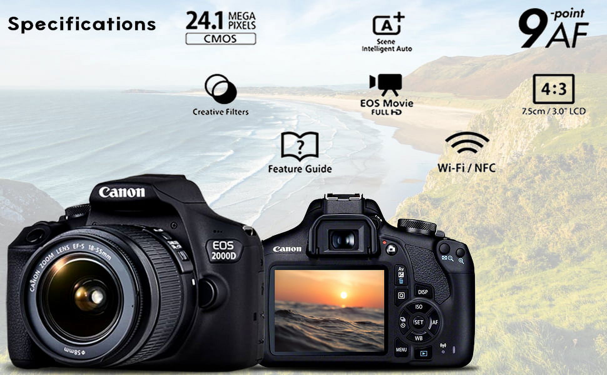 Canon EOS 2000D / Rebel T7 DSLR Camera with 18-55mm Lens + Bag + 64GB Card + More - image 3 of 5