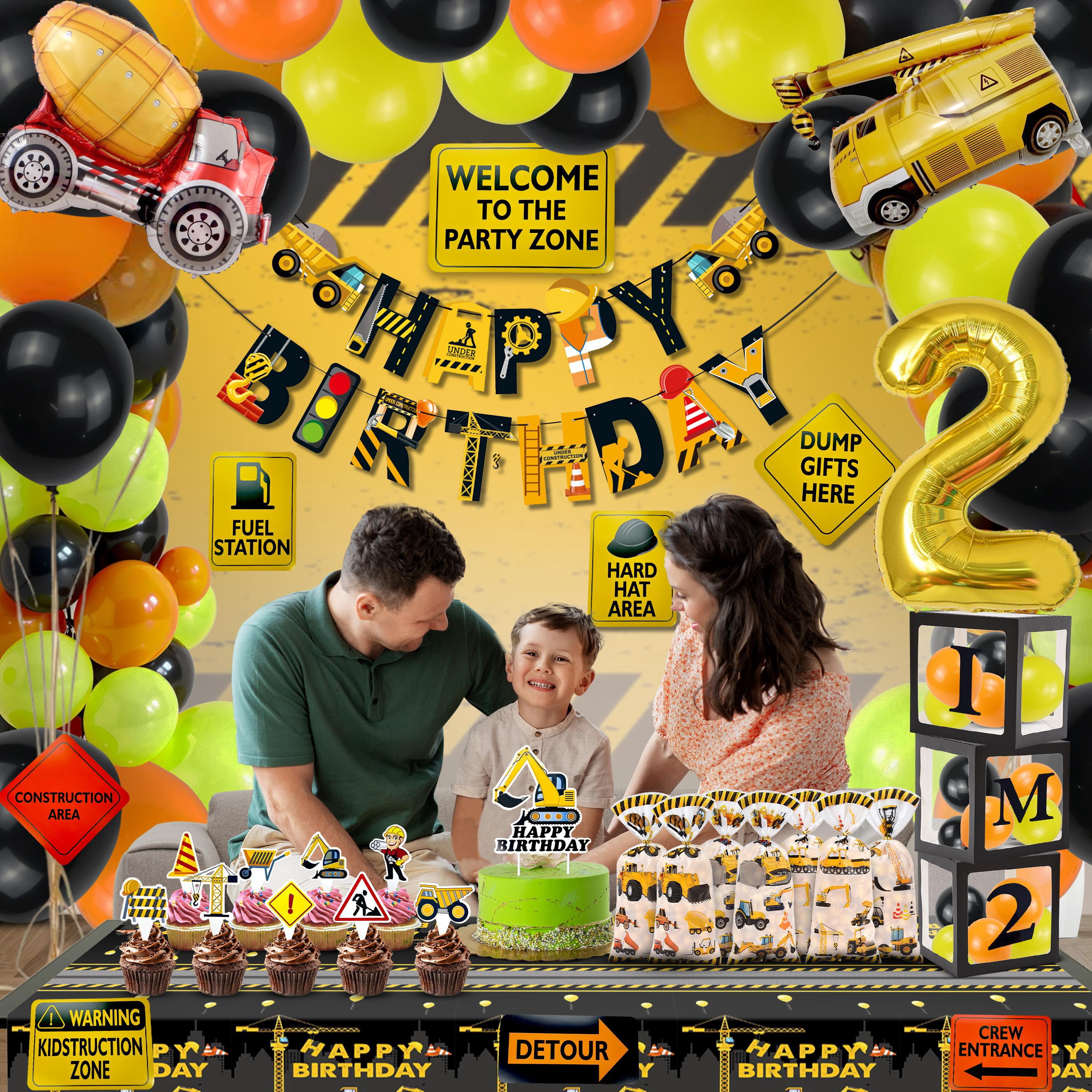 Construction 2nd Birthday Party decorations kit for Boys - Dump Truck Theme Decorations with Construction Backdrop, Banner, Cake & Cupcake Toppers, Tablecloth, and Box Cutout (2nd Birthday)