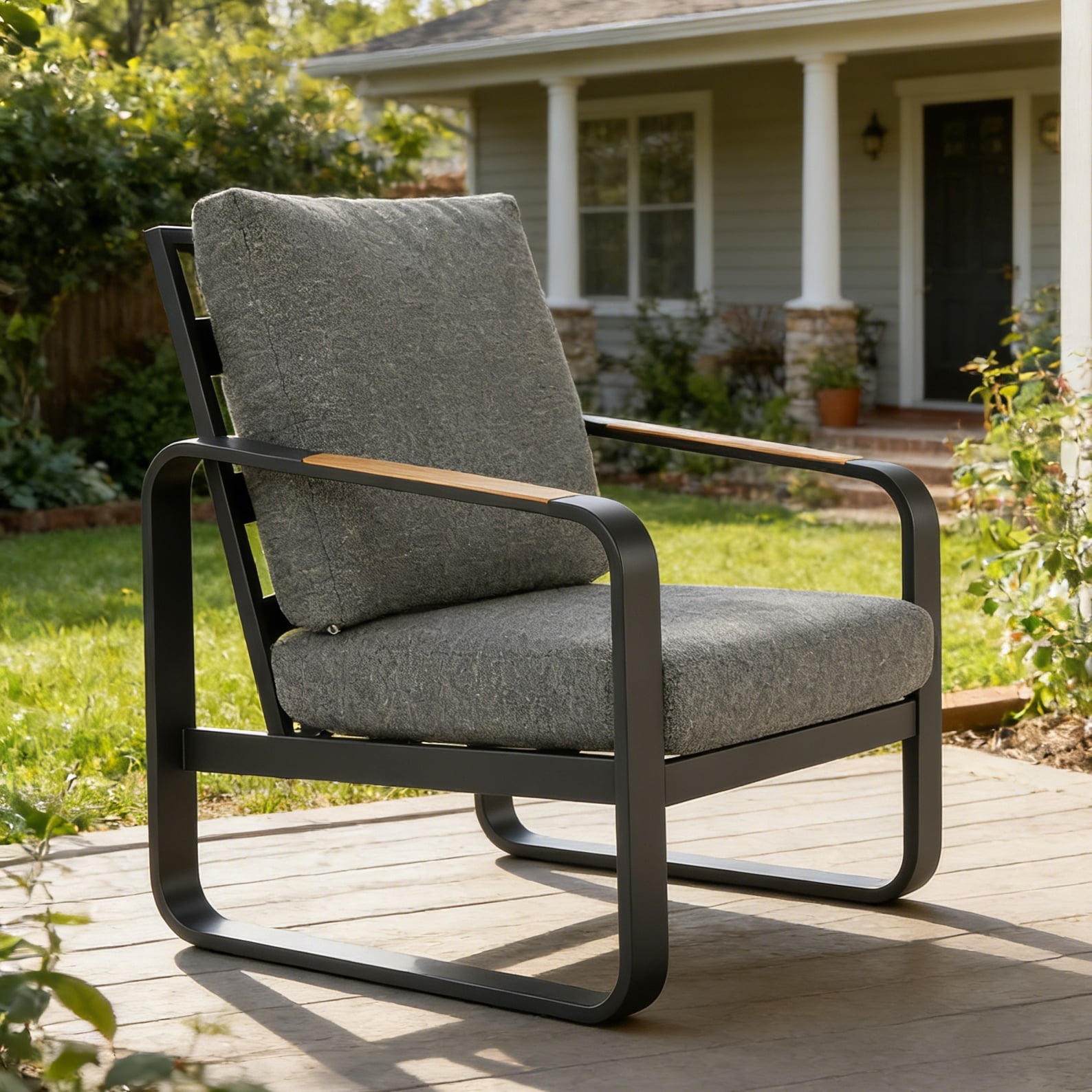 Fnova Outdoor Patio Chair, Heavy Duty Metal Frame Chair with Thick Cushion, Weather Resistant Outdoor Seating Furniture for Porch, Backyard, Balcony