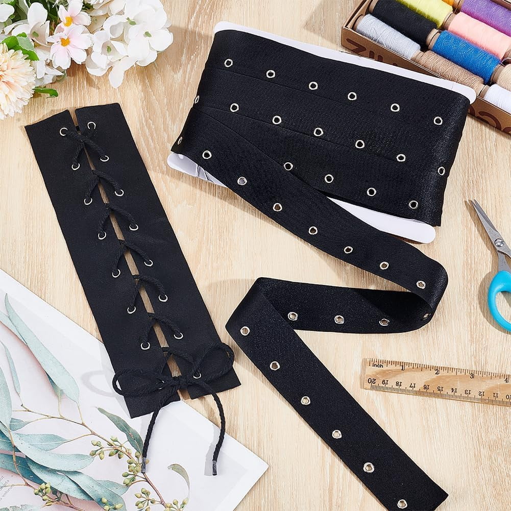 1set 15 Yards Polyester Ribbons with Stainless Steel Eyelet Rings for Garment Accessories Black 1-1/2 inch(39mm)