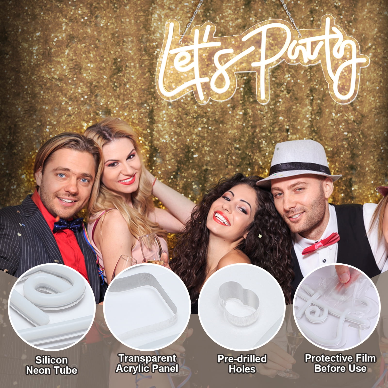 Laybasic Let's Party Neon Sign, Dimmable 15.8"x 7.1" LED Neon Signs for Wall Decor 5 Brightness USB Powered Light Up Signs for Wedding Birthday Party