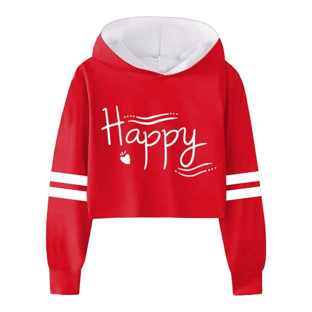 FAOWME Child Girls Long Sleeve Letters Solid Color Crop Sweatshirt Hoodie Pullover Tops For Kids Red 13-14 Years