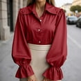 thumbnail image 2 of Tiweut Button Down Shirts for Women Elegant Satin Silk Long Puff Sleeve Lapel Solid Color Ladies Tops, 2 of 5