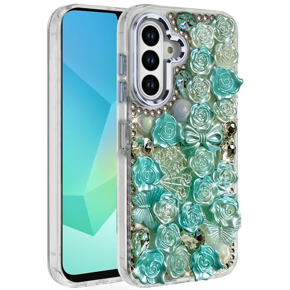 For Samsung A16 5G Muti-Color Floral Bling Stones Ornaments Case - Blue