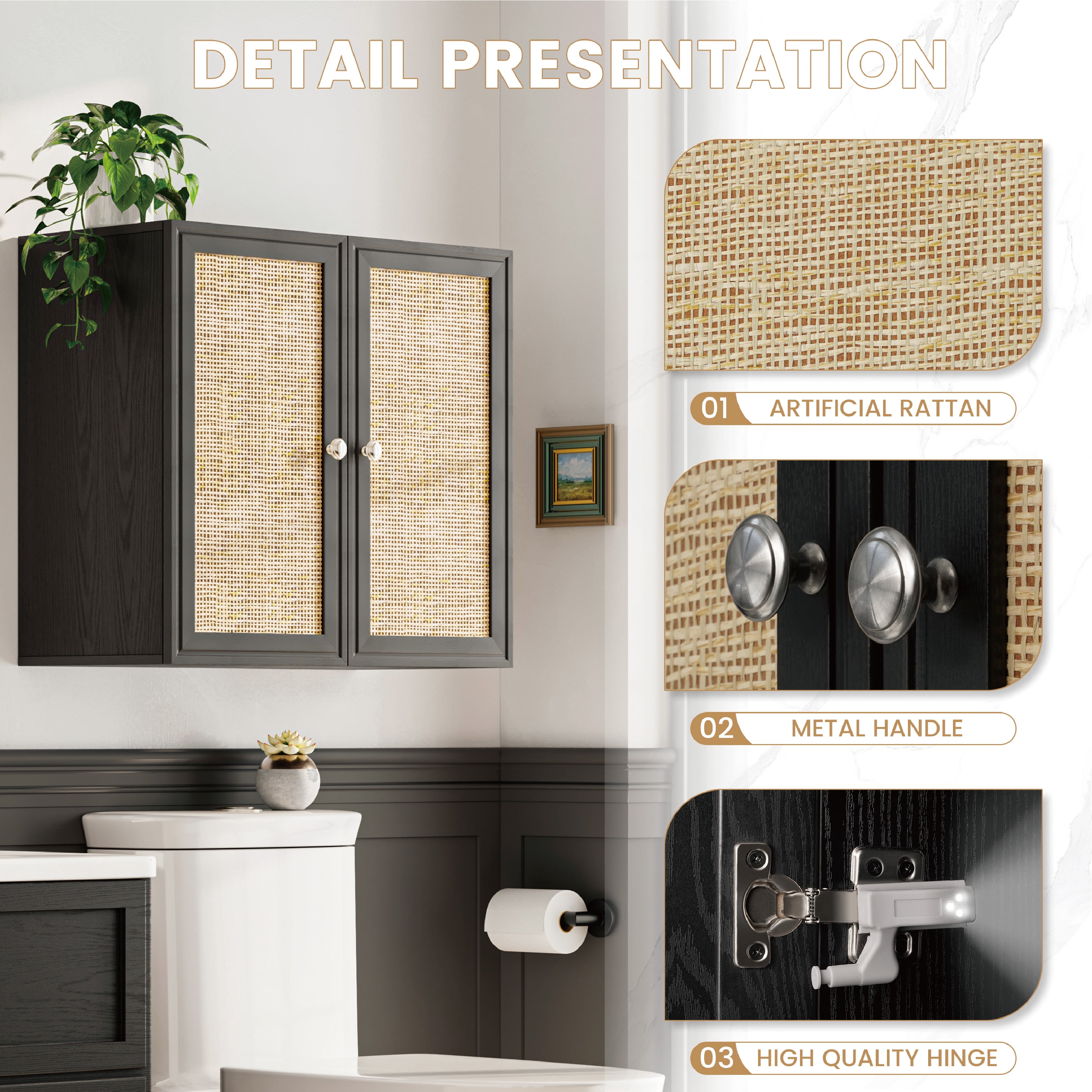 24"W Rattan Laundry Room Cabinets with Lights, Bathroom Cabinets Wall Mounted with Adjustable Shelves, Wall Cabinet for Bathroom/Kitchen/Bedroom (2PCS, Black)