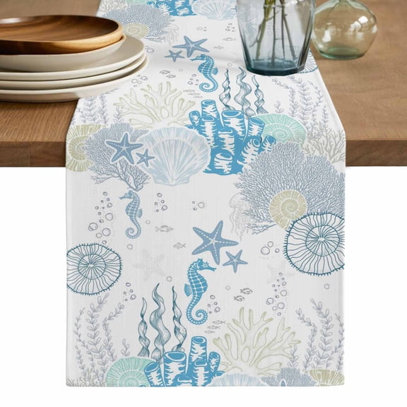Coastal Blue Table Runner, Ocean Coral Starfish Jellyfish Seahorse Washable Cotton Linen Table Runners 120 Inches Long, Dresser Scarf Runner for Dining/Living Room/Kitchen/Square Tables 13''x120''