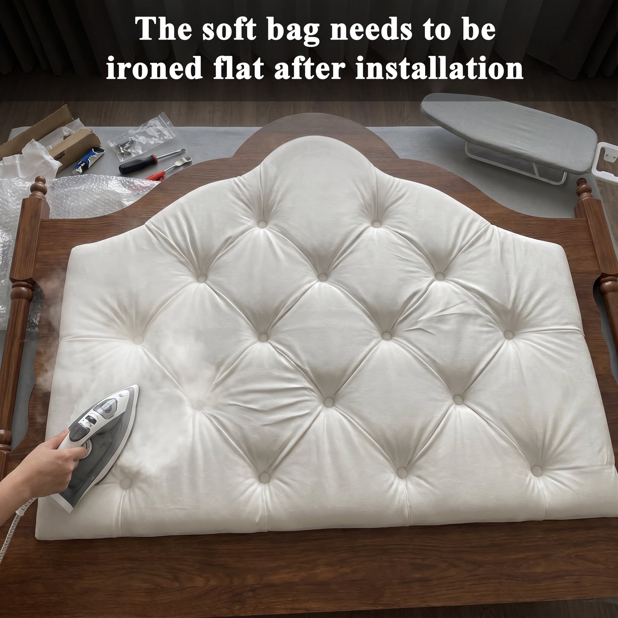 Miniyam Queen Size Farmhouse Upholstered Platform Bed Frame with Diamond Tufted Headboard, Brown Wood Finish