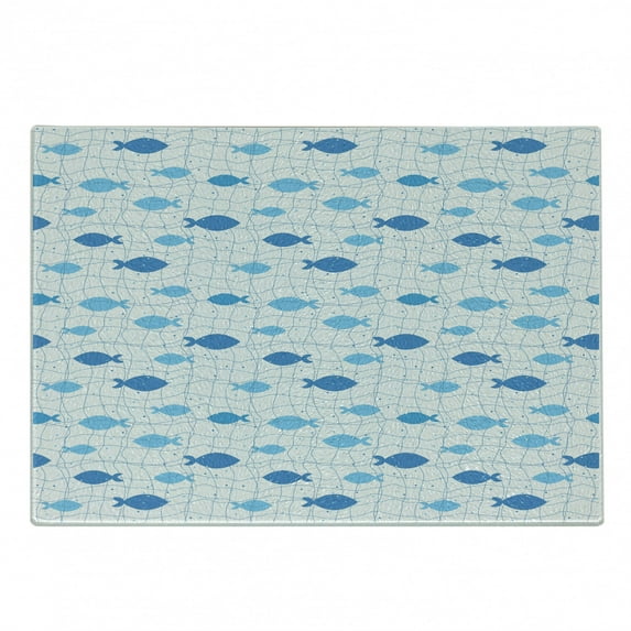 Fish Cutting Board, Fish Net with Polka Dots Abstract Animal Silhouettes Nature Inspired Image, Decorative Tempered Glass Cutting and Serving Board, Small Size, Blue Pale Blue White, by Ambesonne