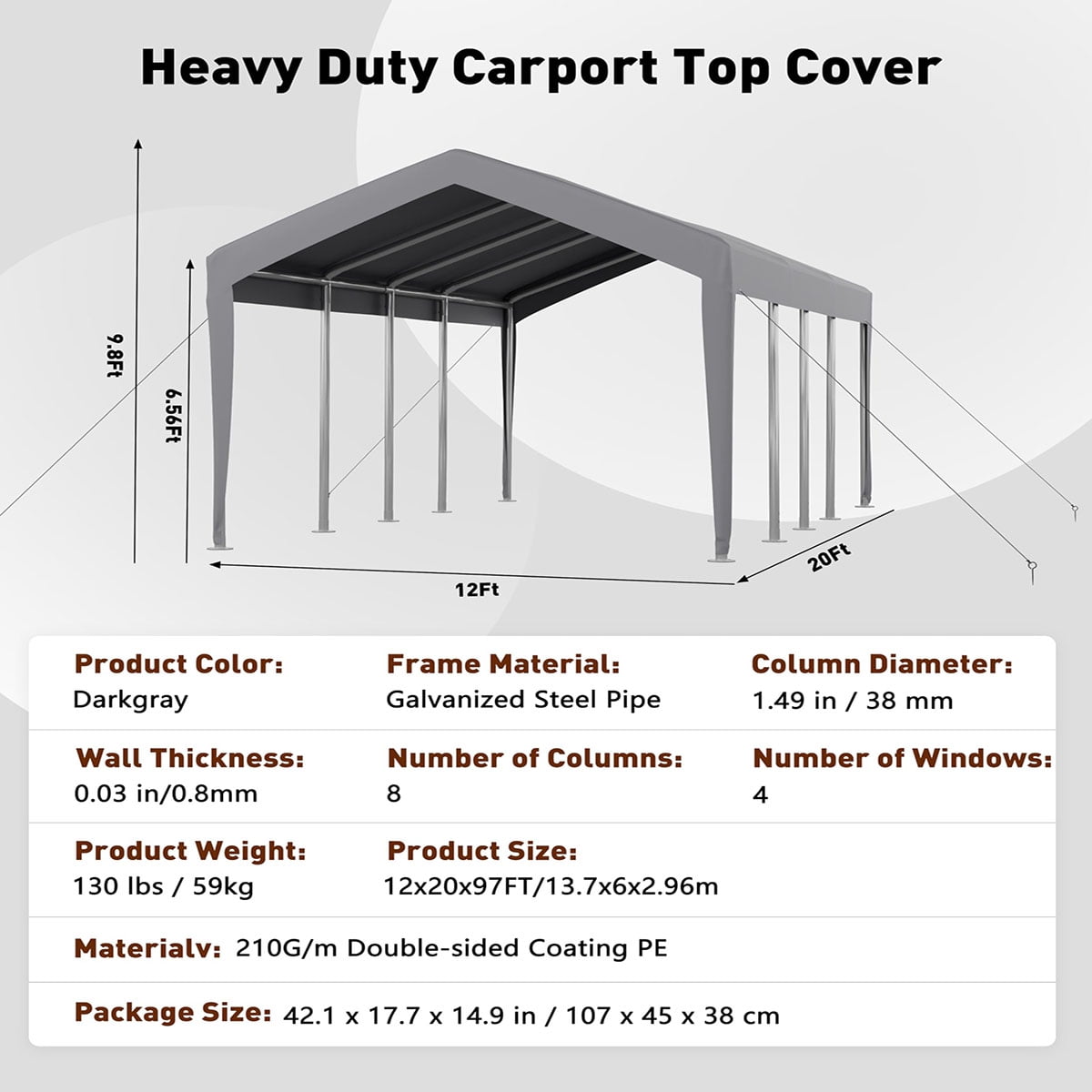 Danolapsi 10'x20' Replacement Canopy Cover Top Heavy-Duty Carport Cover，160G PE Waterproof & UV-Resistant Replacement Canopy Top Only Easy Installation(Frame Not Included)