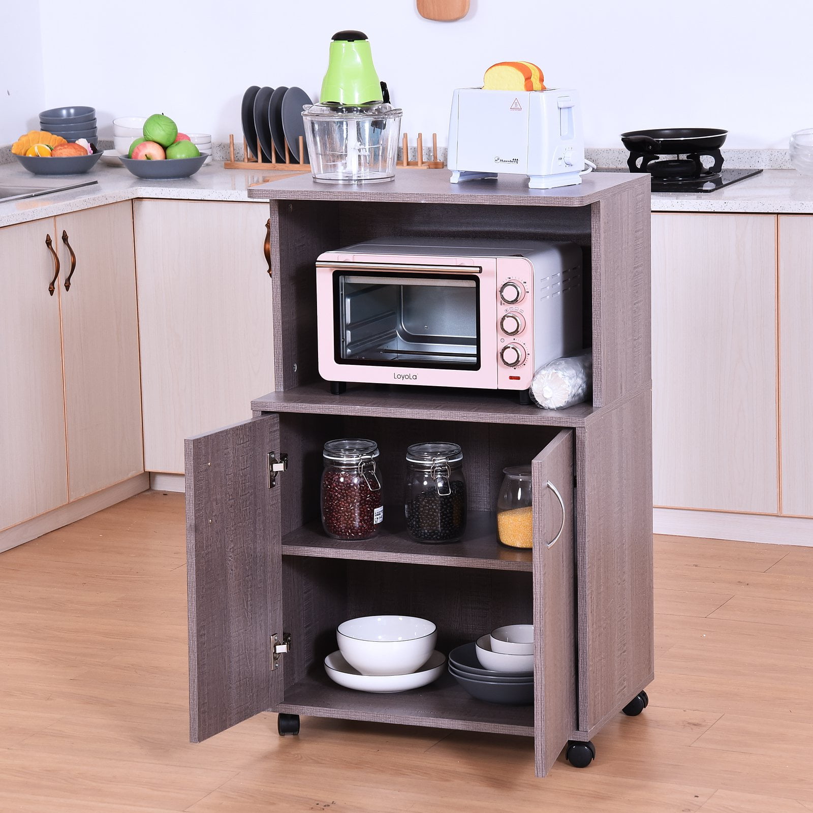 Microwaves Cart on Wheels with Storage Shelf and Grey Wood