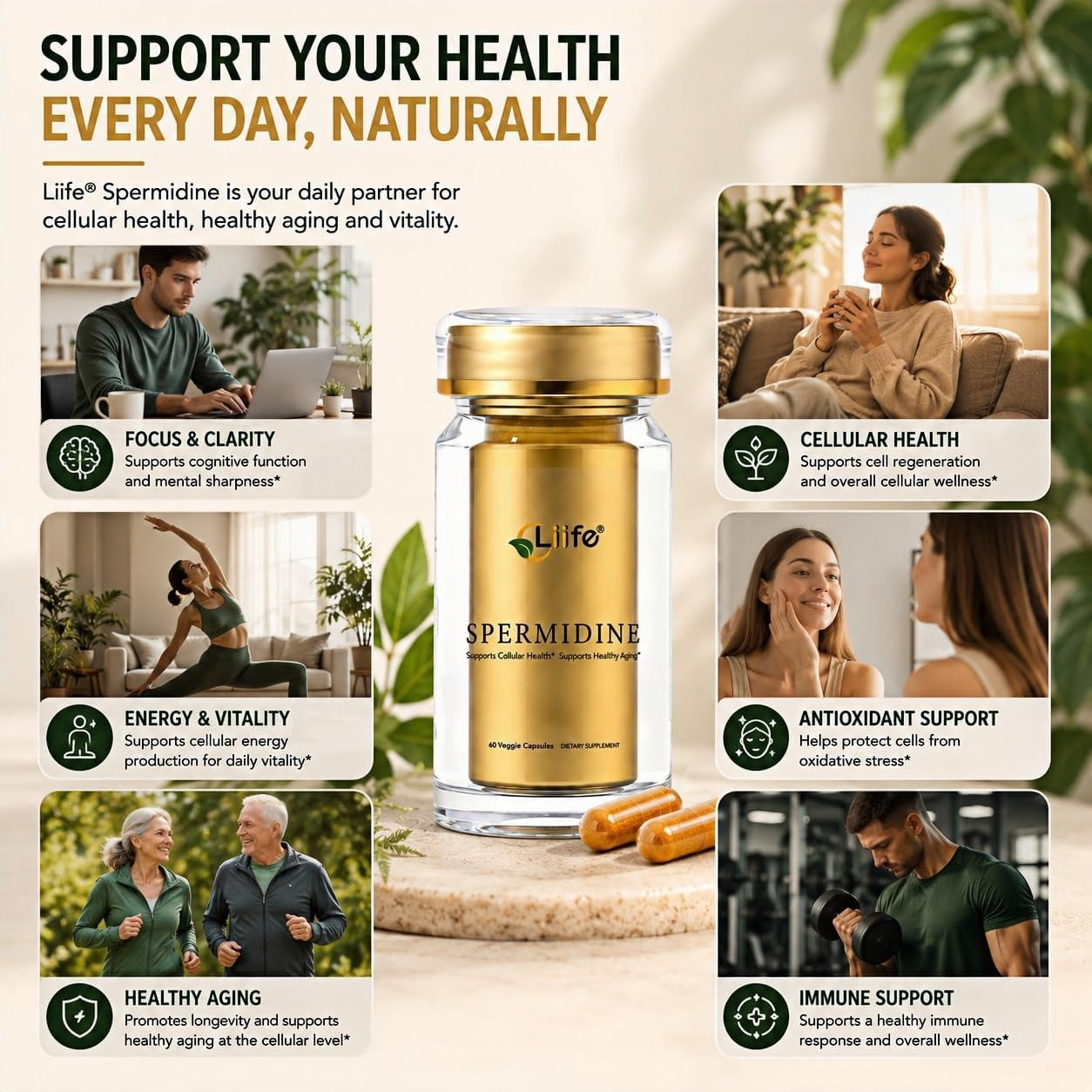 LIIFE Spermine Supplement for Women & Men（6-in-1 Formula）— 60 Vegan for Cellular Health, Anti-Aging & Energy* - Made in USA - 10MG Spermine Per Serving