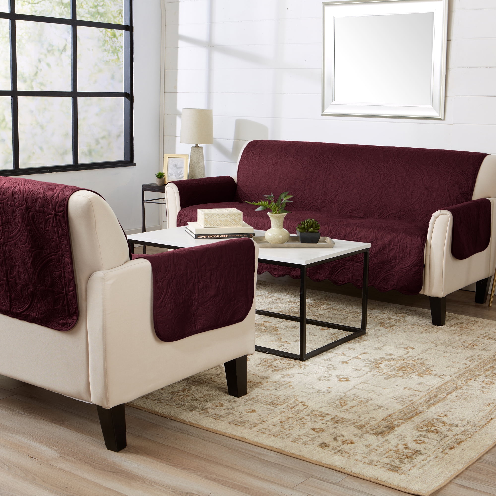 Reversible Quilted Furniture Protector, Machine Washable Slipcover, Sofa, Wine / Light Grey