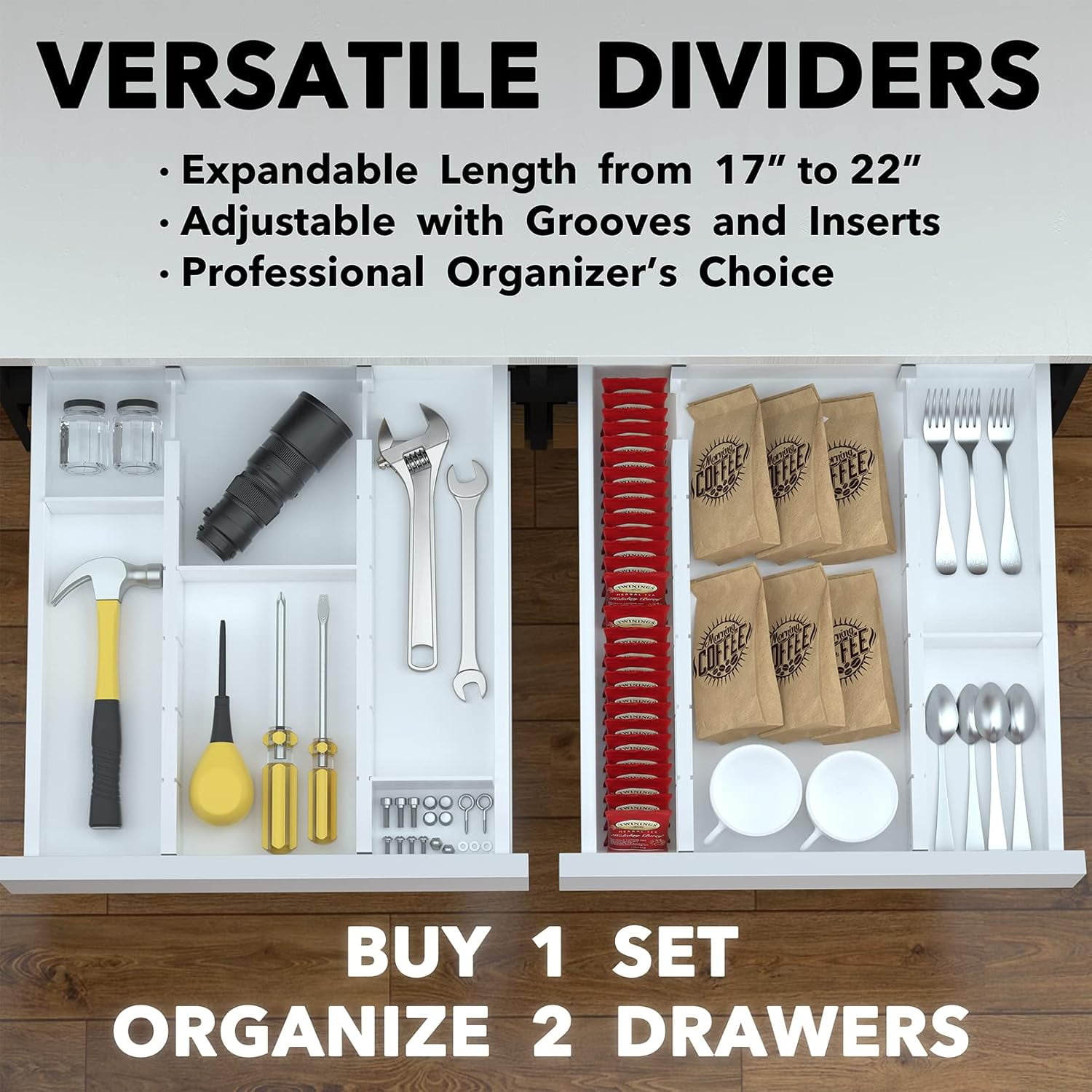 SpaceAid Bamboo Kitchen Organizer Drawer Dividers, Expandable(17-22 in), 17"L x 0.6"W x 2.6"H, White