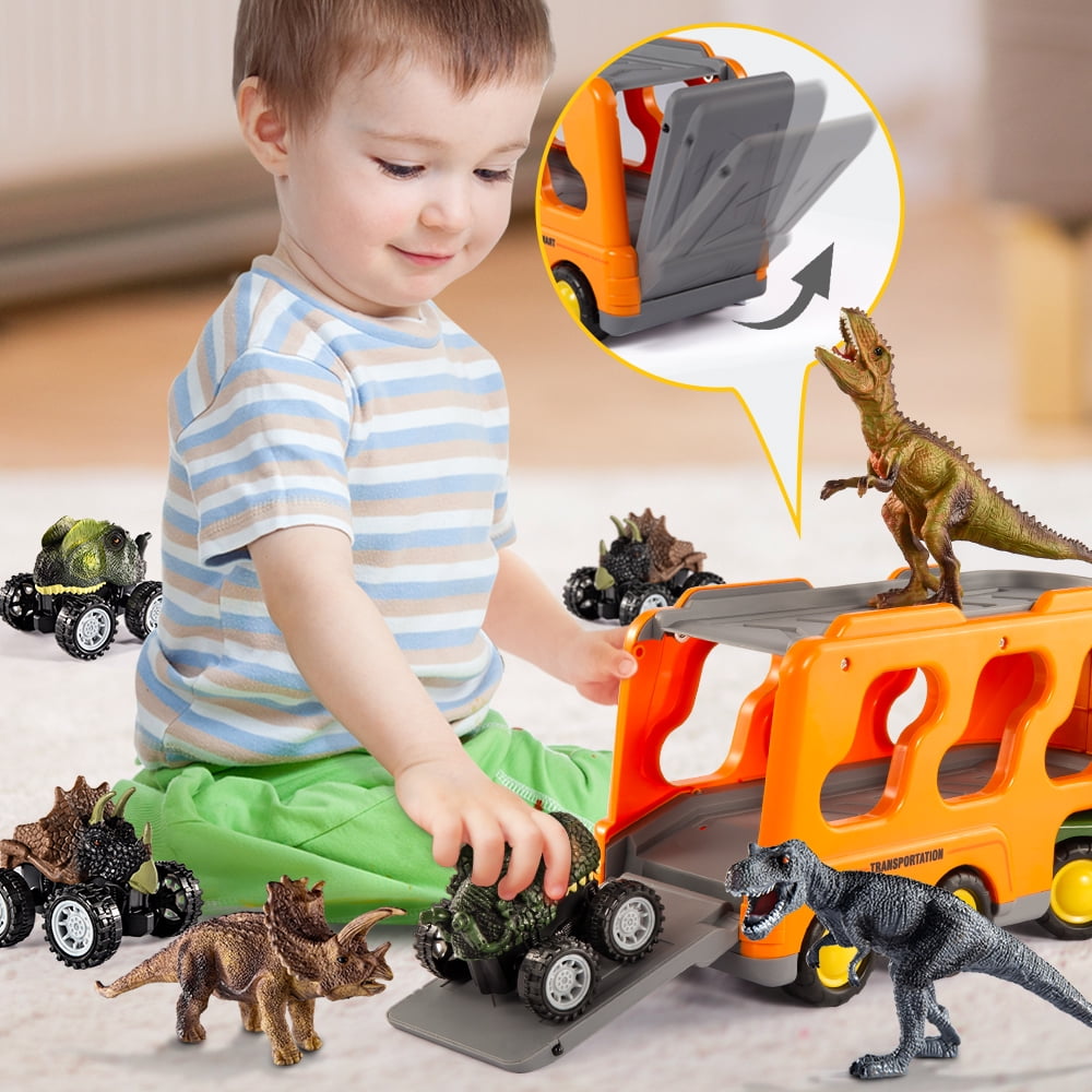 Lucky Doug Dinosaur Car Toys for Toddlers Ages 3-6 Years Old Boys, Dinosaur Transport Truck Toys with Light Sound, 3 4 5 6 Years Old Kids Boys Gifts