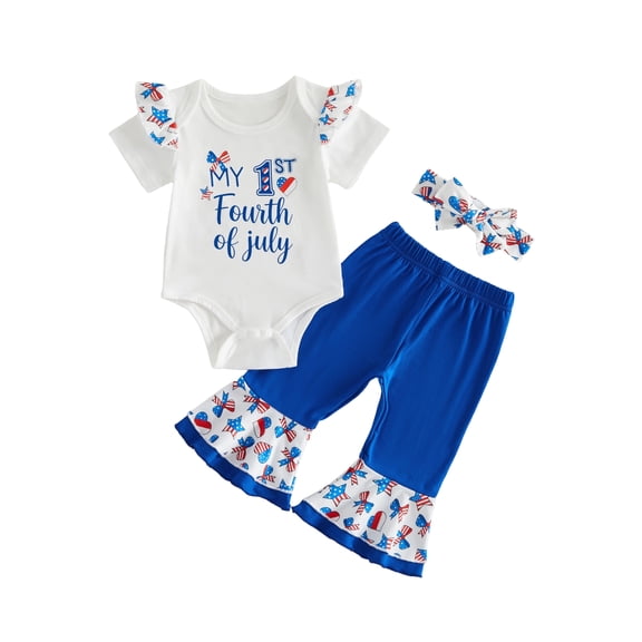 BemeyourBBs Newborn Baby Girl My First 4th of July Outfit Fourth of July Baby Girls Clothes Independent Day Patriot Clothes Short Sleeve Romper Flare Pants Set Headband Set Baby Girl Summer Outfit
