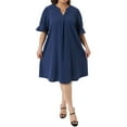 thumbnail image 3 of Agnes Orinda Women's Plus Size Chiffon Dresses Notch V Neck Bell Short Sleeve Pleated Summer Casual Midi Dresses with Pockets 2X Dark Blue, 3 of 5