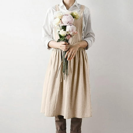 

QWANG Women Linen Sleeveless Home Cooking Florist Cute Bib Apron Pinafore Dress