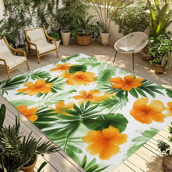 Fsddascl Summer Flowers Outdoor Rug for Patio/Deck/Porch, Non-Slip Large Area Rug 6 x 9 Ft, Orange Botanical Florals Green Leaves Indoor Outdoor Rugs Washable Area Rugs, Camping Rug Carpet
