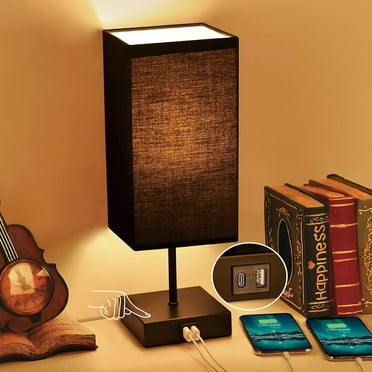 Comzler Table Lamp for Bedroom , Small Lamp with 2 USB C A Charging Ports, 3 Way Dimmable Touch Bedside Lamp, Black Nightstand Lamps, Bulb Included