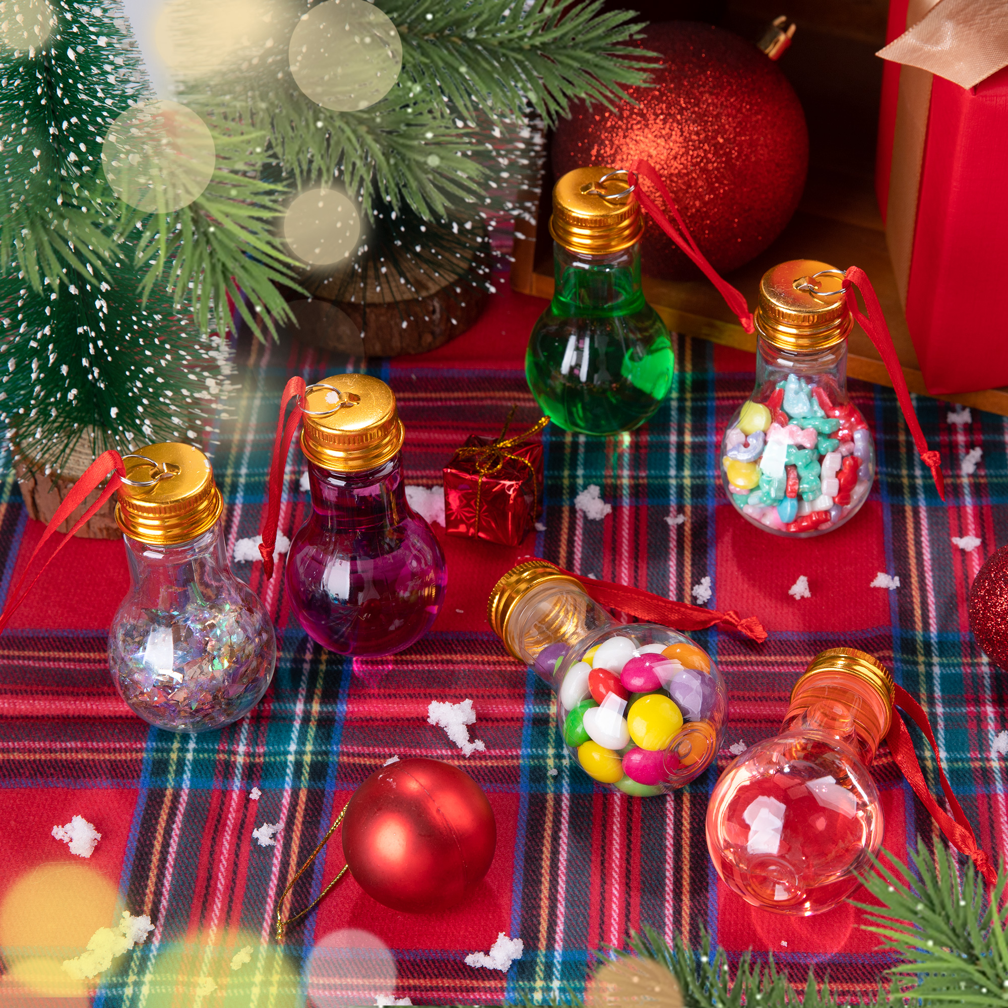 Fillable Christmas Ornament Drink Balls, 50 ml Reusable Plastic Bulb-Shaped Ornaments, 6 Pack Clear Hanging Decorations for Holiday Trees and Gift Exchanges