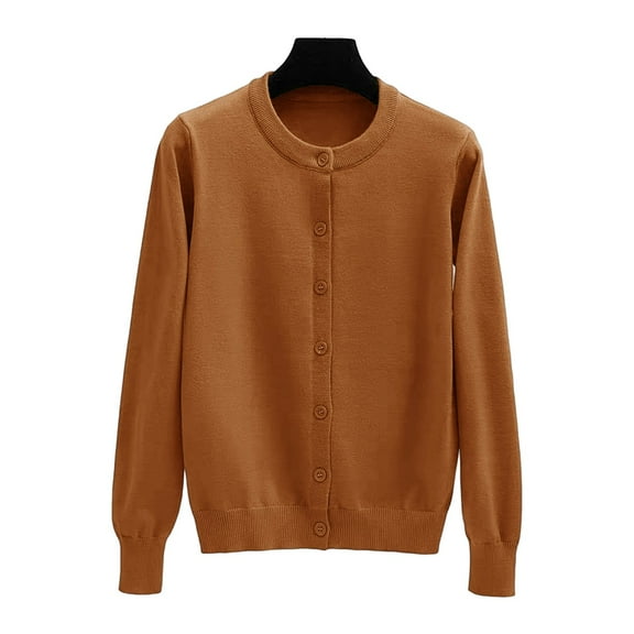 Women Cardigan Sweater Long Sleeve Knit Crew Neck Button Up Light Cardigans for Women Open Front Brown Layering Top Ladies Clothes