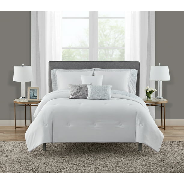 Mainstays White Puffy 10 Piece Bed In A Bag Bedding Set With Bonus Sheet Set Pillows Full Walmart Com Walmart Com