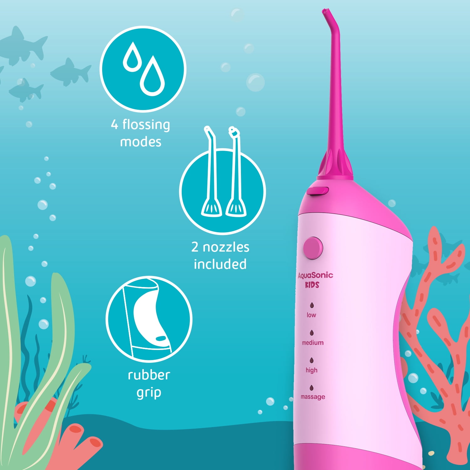 AquaSonic Kids Water Flosser - Aquarium Adventures Theme with Waterproof Stickers (Pink)