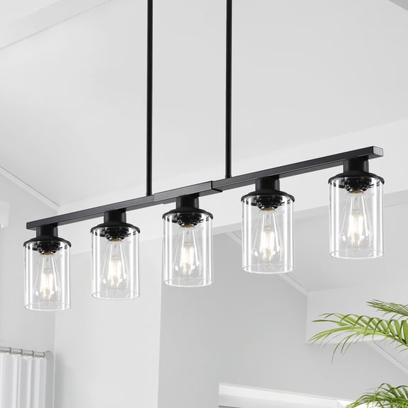 GCGAFUL 37.4" Farmhouse Kitchen Chandelier, 5-Light Black Minimalist Bar Island Lights with Clear Glass, Adjustable Height